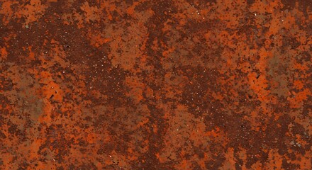 Closeup of a weathered rusty metal surface displaying mottled orange and brown textures with small white specks