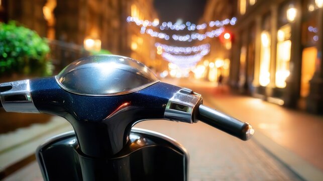 Steering column of a parked blue scooter with bokeh lights decorating the city street at night