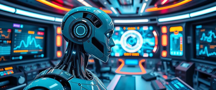 Sleek AI robot in futuristic control room, holographic displays,  progress,  digital world