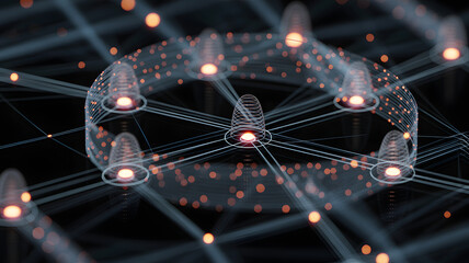 Digital Network Interconnection: An artful and technologically inspired composition showcasing a complex network of digital nodes.