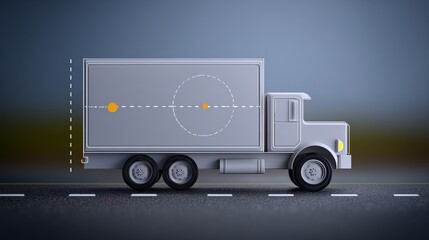 Gray stylized truck depicted on asphalt road with dashed line graphics and a yellow dot at its center