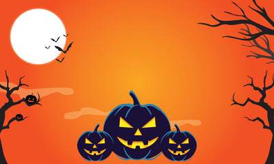 Spooky Halloween Background with Pumpkins, Bats, and Full Moon