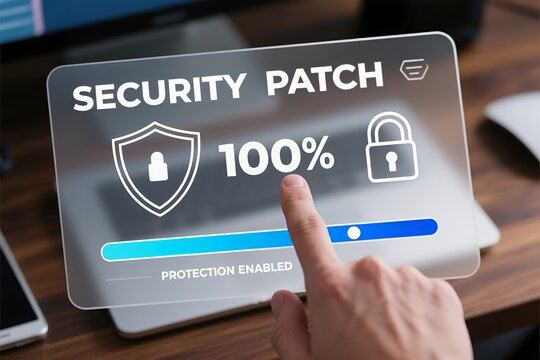 A hand interacts with a digital security patch display, symbolizing cybersecurity.