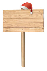 3D Santa Claus hat hanging on blank whitewashed wooden signboard post isolated © Wasitt