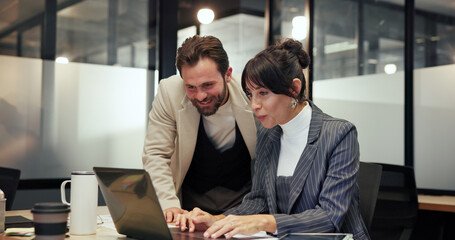 Laptop, teamwork and business people in office, proposal for funding and research for stock market. Employees, man and woman in meeting, computer and email for budget report, smile and cooperation
