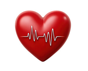 Red heart with heartbeat wave medical symbol health care concept glossy surface love cardiology emotional wellness isolated on transparency background