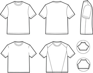 CAD drawing t-shirt flat vector illustration, front back side views, short sleeve raglan design, casual fashion, apparel template layout