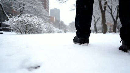 Snow-covered urban park scene with leafless trees and city buildings in the background during daytime - Powered by Adobe