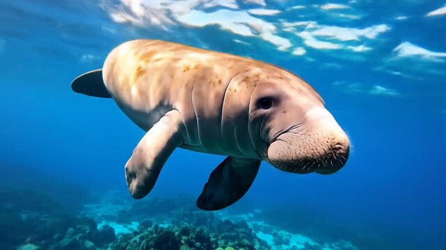 Gentle Manatee Swimming Underwater in Coral Reefs