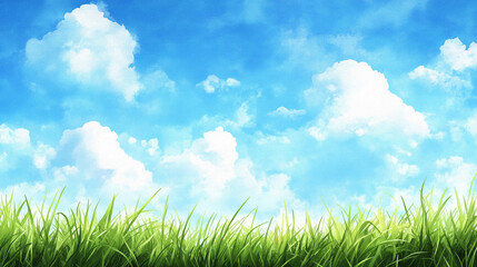 Lush green grass under a vibrant blue sky with fluffy white clouds a tranquil summer scene