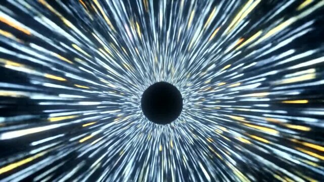 Abstract representation of a black hole with light streaks illustrating gravitational pull and motion