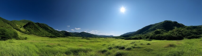 Fototapeta premium Vibrant nature landscape scenic valley hdr panorama lush green environment wide-angle viewpoint serenity concept
