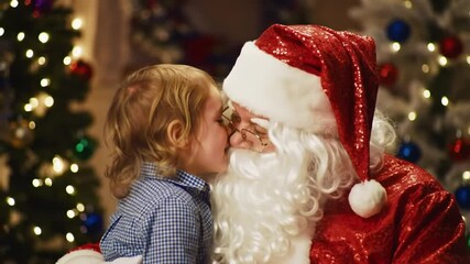 Santa Claus and little boy in festive Christmas scene with smiling, and holiday magic. - Powered by Adobe