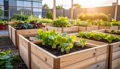 A vibrant urban garden with raised beds showcasing flourishing vegetable plants