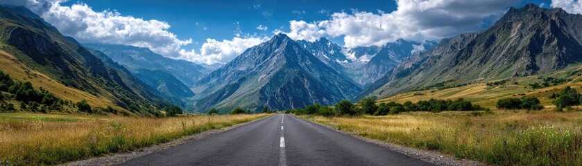 Fototapeta premium Asphalt road symbolism with upward long direction concept. A breathtaking mountain view with a serene, winding road.