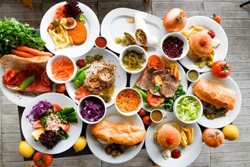 Delicious meat kebab with fresh vegetable salad served with variety of Turkish dishes and...