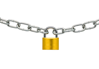 Golden padlock hanging from a metal chain isolated on transparent background