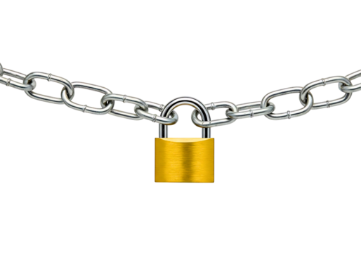 Golden padlock hanging from a metal chain isolated on transparent background