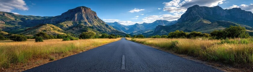 Fototapeta premium Asphalt road symbolism with upward long direction concept. Scenic road leads through mountains under a vibrant blue sky.
