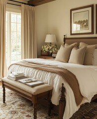 French country interior design of modern bedroom in farmhouse, Generative AI