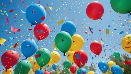 Colorful balloons floating high in blue sky with confetti