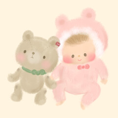 くまのぬいぐるみとくまの着ぐるみを着た赤ちゃん