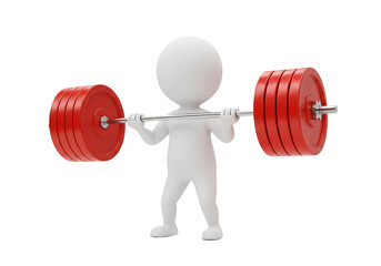 White 3d figure lifting a red barbell isolated on transparent background