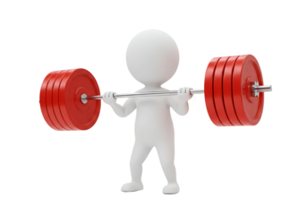 White 3d figure lifting a red barbell isolated on transparent background