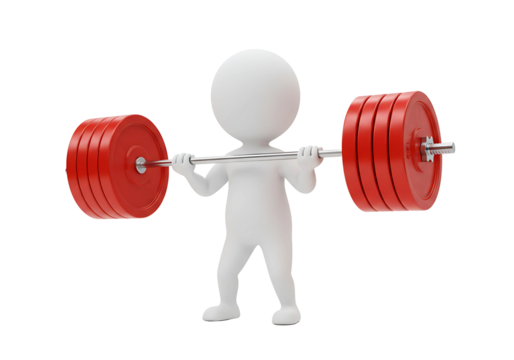 White 3d figure lifting a red barbell isolated on transparent background