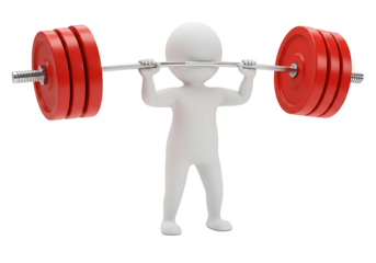 White 3d figure lifting heavy red barbell isolated on transparent background