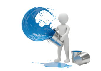 3d white man pouring blue paint from a bucket isolated on transparent background