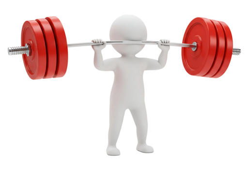 White 3d figure lifting heavy red barbell isolated on transparent background - Powered by Adobe
