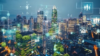 Night Cityscape with Futuristic Digital Overlays - Powered by Adobe