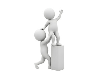 Two 3d figures helping each other to reach higher isolated on transparent background