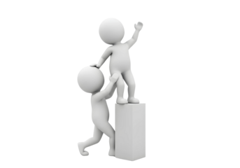 Two 3d figures helping each other to reach higher isolated on transparent background