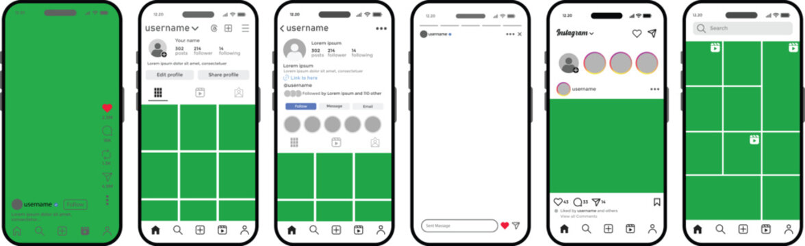 Instagram post mockup with smartphone. Instagram interface with posts, reels, profile, stories, grid and direct messenger. Instagram social network Mobile app user interface