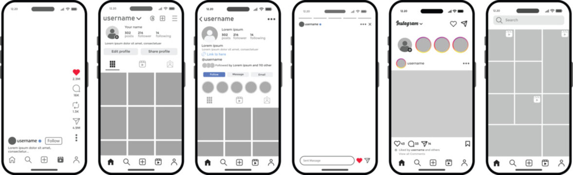 Instagram post mockup with smartphone. Instagram interface with posts, reels, profile, stories, grid and direct messenger. Instagram social network Mobile app user interface