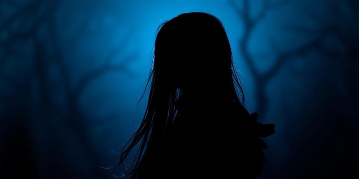 Silhouetted figure with long dark hair, gothic attire, pale skin,  shadows,  gothic lolita