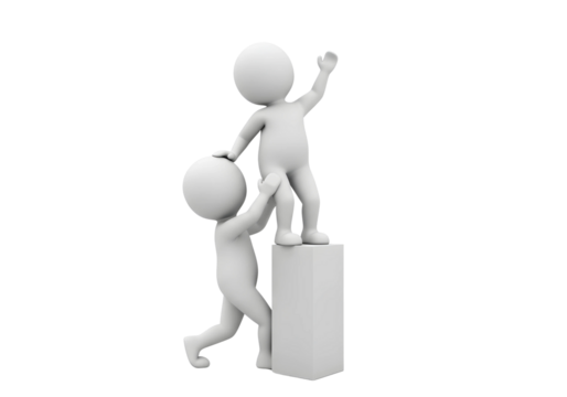 Two 3d figures helping each other to reach higher isolated on transparent background