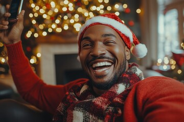 Portrait of a man celebrating victory and achievement during Christmas, smiling happily and holding his hand up in a triumphant gesture, using an app on his phone in the living room, Generative AI