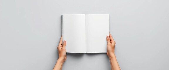 Two hands hold a blank magazine against a gray backdrop  A clean design template,  hands holding,  empty