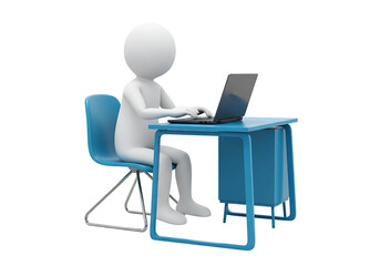 3d stick figure person working on a laptop at a desk isolated on transparent background