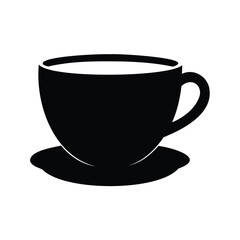 Minimalist black silhouette of a coffee cup and saucer on white backdrop, coffee cup silhouette vector illustration
