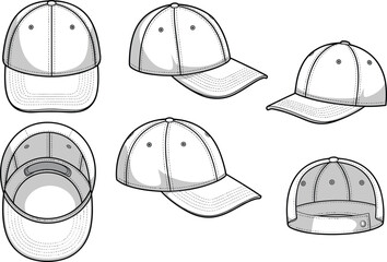 CAD drawing of a cap, flat vector illustration, multiple views, adjustable baseball hat, fashion design template, front side back top view