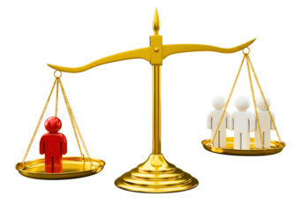 Golden scales of justice balancing one red figure against many white figures isolated on transparent background