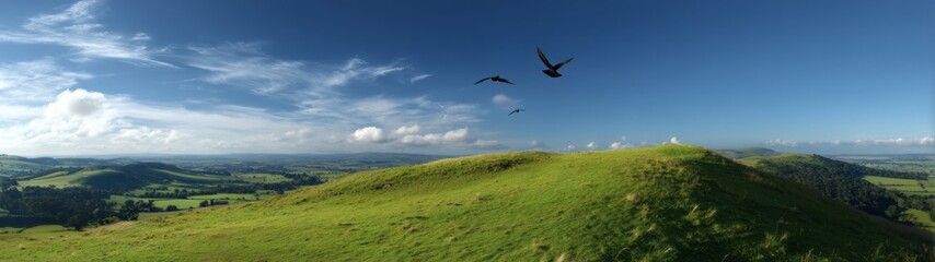 Fototapeta premium Panoramic hdr landscape with birds in flight over lush green hills scenic viewpoint nature's serenity
