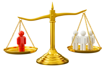 Golden scales of justice balancing one red figure against many white figures isolated on transparent background