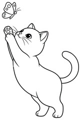 Cat illustration of an adorable pet standing on two legs and playing with a butterfly, created as a playful vector line art artwork perfect for children’s coloring pages and decorative projects