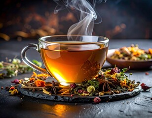 Fototapeta premium Steaming Cup of Aromatic Herbal Tea with Spices