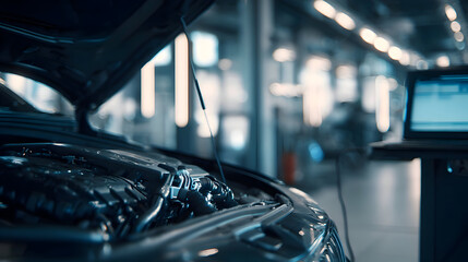 A car engine bay with the hood open in a garage with a laptop nearby for diagnostics and maintenance